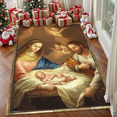 Krippe Teppich für Wohnzimmer und Schlafzimmer Faux Kaschmir Jesus Geburts Teppich mit Maria Josef und Baby Jesus religiöse Weihnachtskunst weich rutschfest maschinenwaschbar Teppich, Image