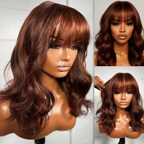 Remy Echthaar 5x5 Verschluss 13x4 Spitzenfront Perücke Gerader Pony Mit Pony Brasilianisches Haar Bodywave Braun Perücke 150% 180% Haardichte mit Babyhaaren 100% Unbehandelt Kleberfrei Vorgerupft Für Image