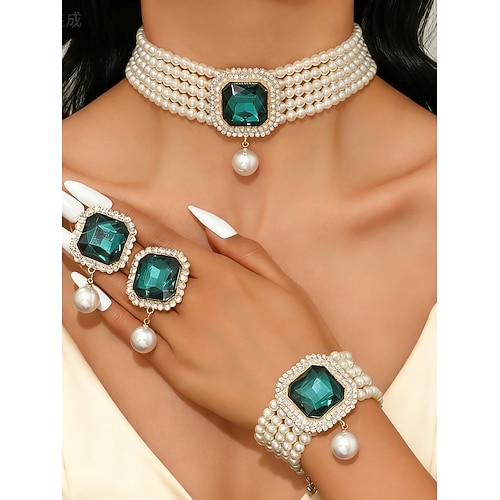 Damen Perlen- und grüner Edelstein Schmuckset 3-teilig, Vintage Halsband, Armband Ring für Weihnachtsfeiern, Weihnachtsgeschenke elegante Abende Image