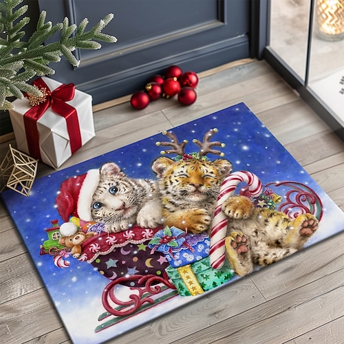 Weihnachtsfußmatte für den Eingangsbereich weicher rutschfester maschinenwaschbarer Faux Cashmere Fußmatte festlicher Eingangsbereichsteppich SleepyReindeer von Kayomi Harai Image