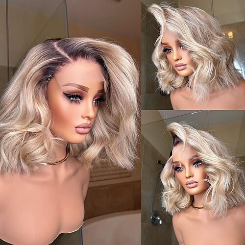 Remy Echthaar 5x5 Verschluss 13x4 Spitzenfront Perücke Kurzer Bob Brasilianisches Haar Gewellt Blond Perücke 150% 180% Haardichte mit Babyhaaren Ombre-Haar 100% Unbehandelt Kleberfrei Vorgerupft Für
