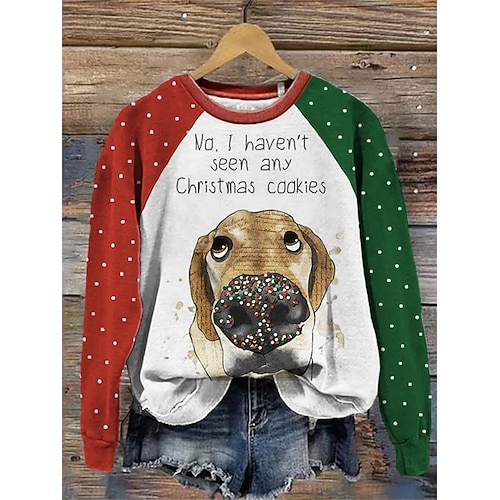 Weihnachts Frauen Hund Pullover Sweatshirt Graphic Tier Hässliche Mode Casual Langarm Crew Neck Reguläre Oberteile Street Dailywear Print Rot Grün Beige Herbst Winter