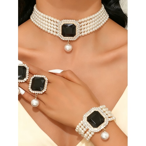 Damen Perlen- und grüner Edelstein Schmuckset 3-teilig, Vintage Halsband, Armband Ring für Weihnachtsfeiern, Weihnachtsgeschenke elegante Abende Image