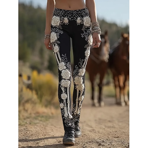 Damen Leggings Urlaub Vintage Mode Volle Länge Hohe Taille Blumen Grafik Tiermotiv Drucken Thermowarm Weich Atmungsaktiv Dehnbar Täglich Outdoor Urlaub Schwarz Beige Frühling Herbst Schmaler Schnitt Image