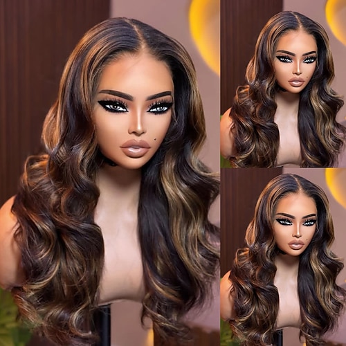 Remy Echthaar 5x5 Verschluss 13x4 Spitzenfront Perücke Mittelscheitel Brasilianisches Haar Bodywave Braun Perücke 150% 180% Haardichte Ombre-Haar Hervorgehobenes / Balayage-Haar 100% Unbehandelt Image