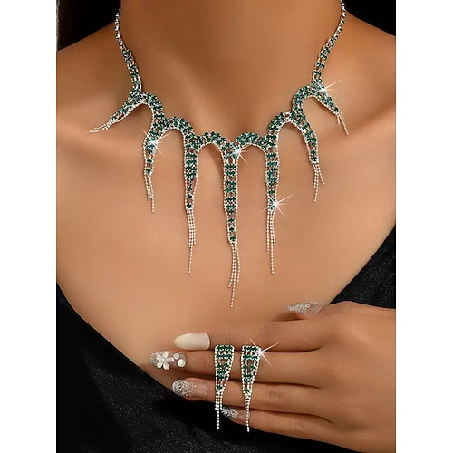 Damen grünes Strass-Schmuckset mit Halskette und Ringen für Weihnachtsfeier, Ball Abendveranstaltungen Image