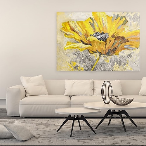 handgefertigtes Ölgemälde auf Leinwand, Wandkunst, Dekoration, moderne abstrakte gelbe Blumen für die Inneneinrichtung, gespannter Rahmen, hängendes Gemälde / gerolltes rahmenloses, ungedehntes Image