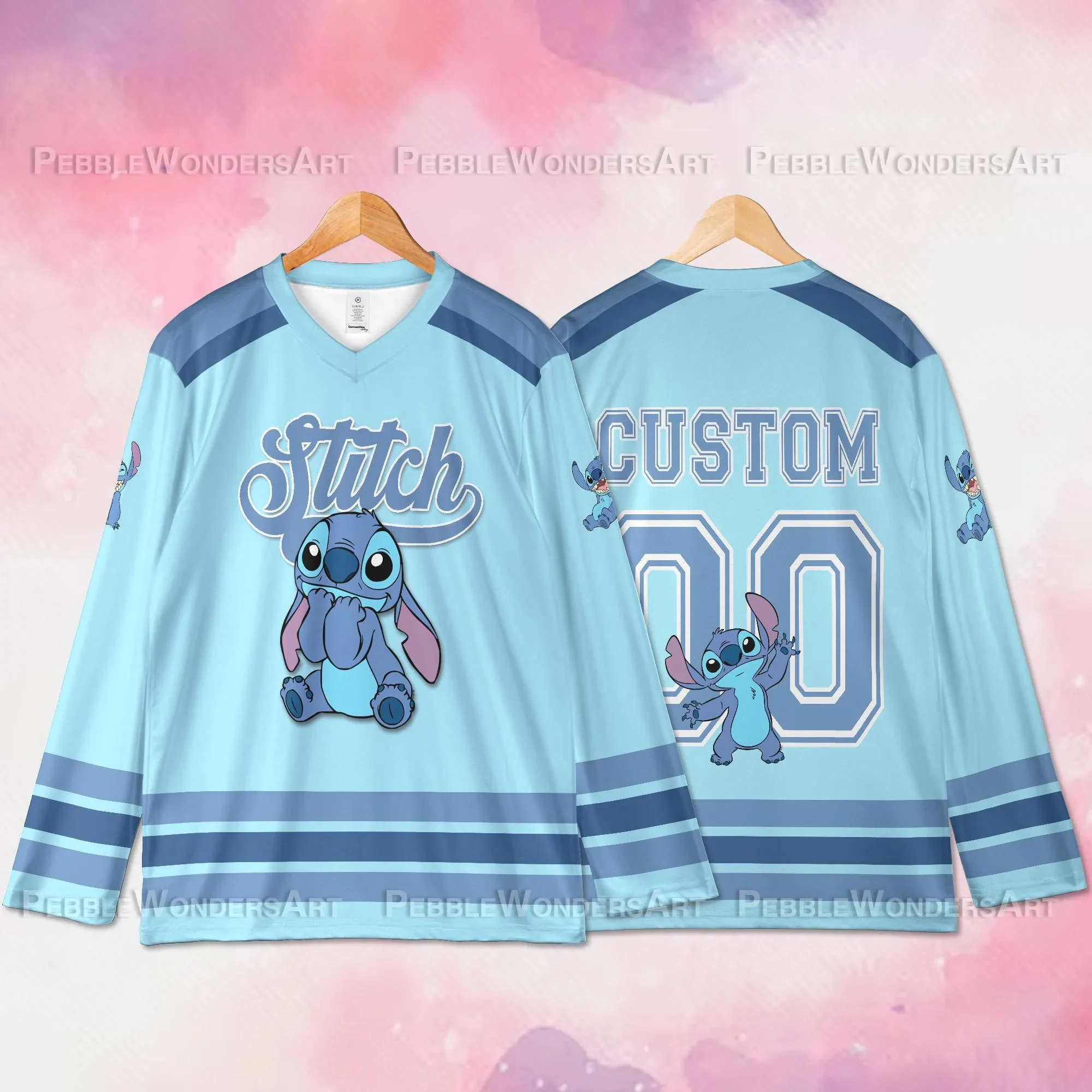 Newest FashionDisney Stitch Print long-sleeved T-shirts hockey jerseys rugby parent-child outfits youth sports Plus Size tops