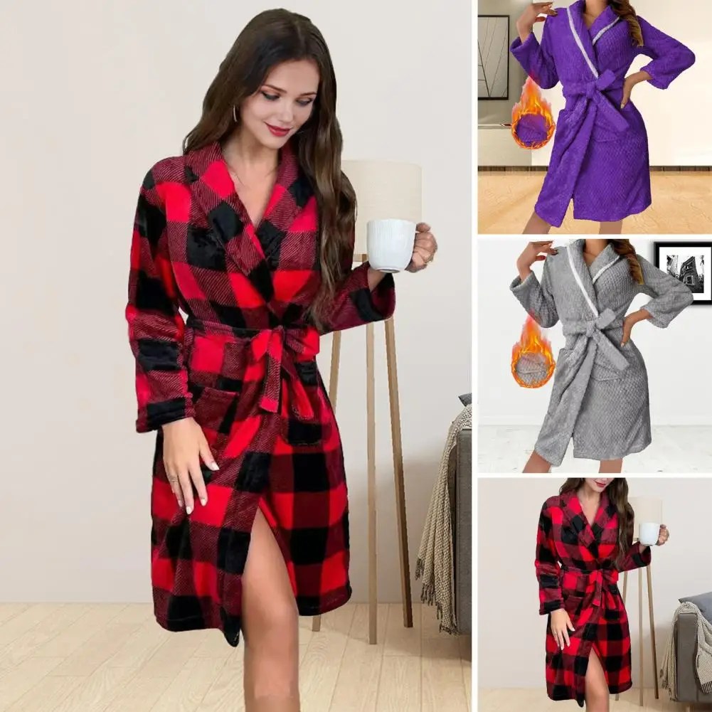 Weicher Pyjama-Stoff, figurschmeichelnder Bademantel, gemütliche Fleece-Flanell-Bademäntel für Damen, weicher Plüsch-Winter-Bademantel, warme lange Ärmel Image
