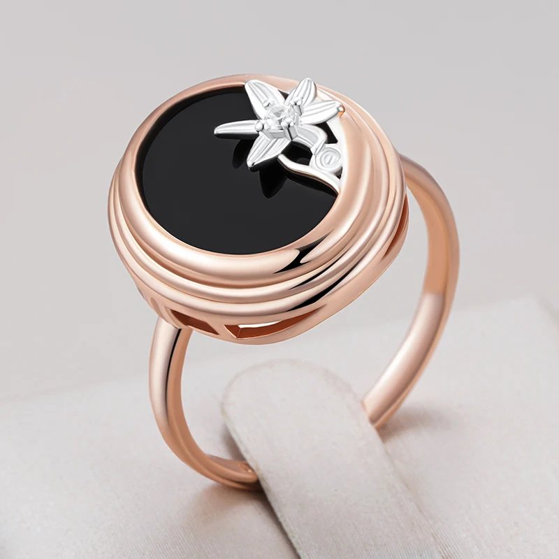 Kinel Hot Black Stone Flower Natürlicher Zirkon Ring für Damen Mode 585er Roségold Silber Farbmischung Ethnischer Braut- und Hochzeitsschmuck Image