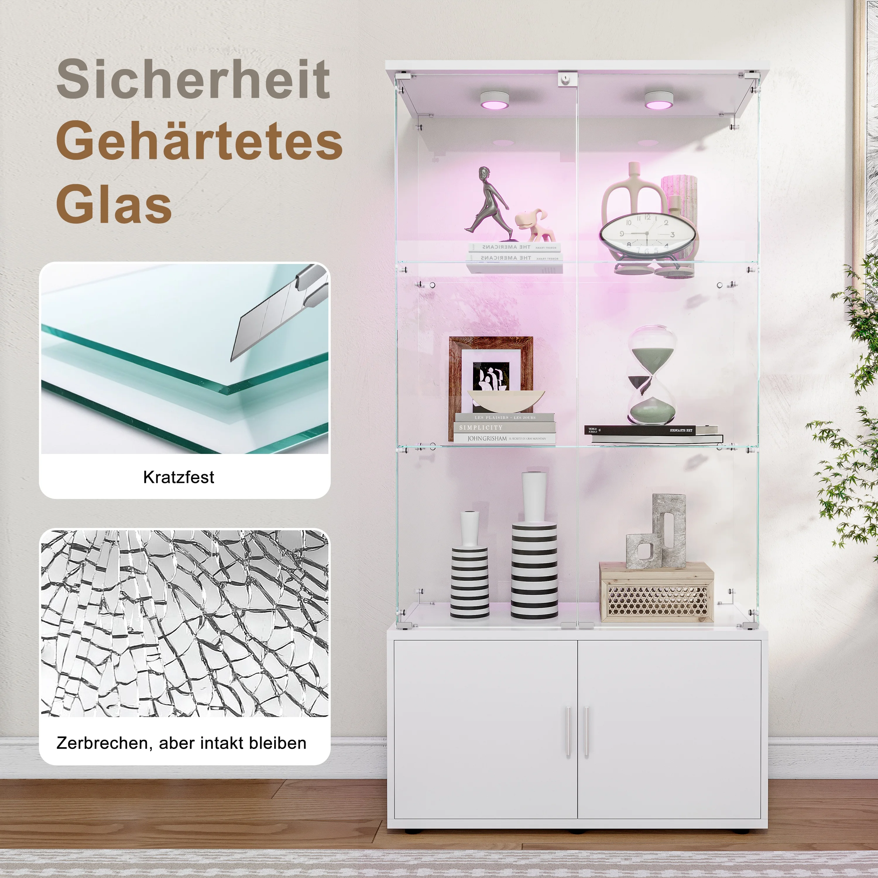 Rosahqnda LED-Glasvitrine,78x35x164cm,mit 3 Einlegeböden und Doppeltüren,Wohnzimmer-Kuriositätenschrank,Moderner Vitrinenschrank