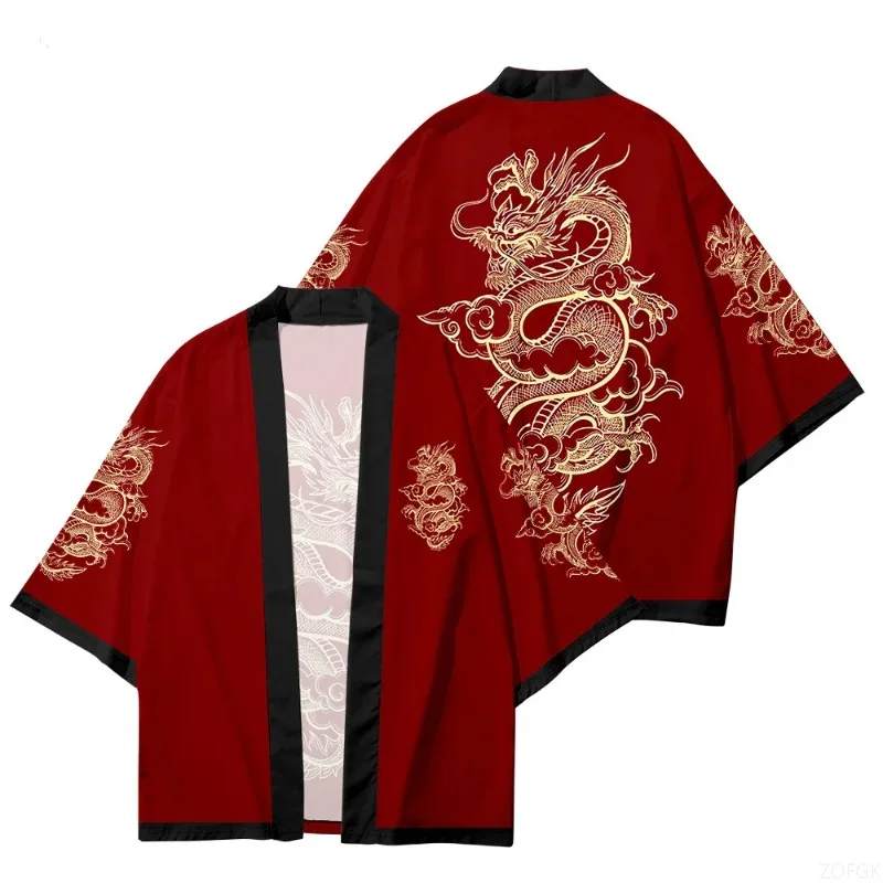 Drachengrafik Japanische Strickjacke Kimono Damen Traditioneller asiatischer chinesischer Stil Kinder Haori Rot Harajuku Strand Yukata Herren Image