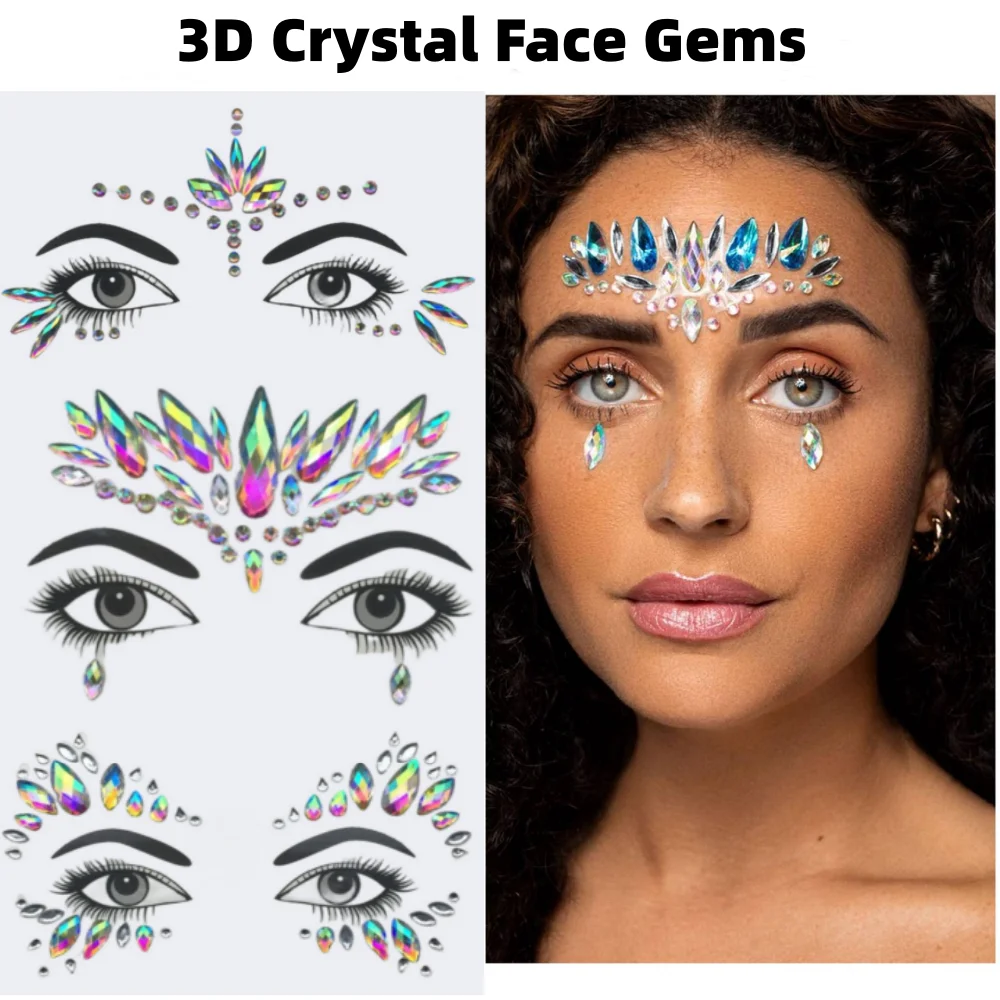 3D-Strass-Aufkleber mit hellem Gesicht für Festivals, glitzerndes Make-up, Schmuckaufkleber auf Gesichtskristallen, Edelsteine, Juwelen, Diamanten, Dekoration Image