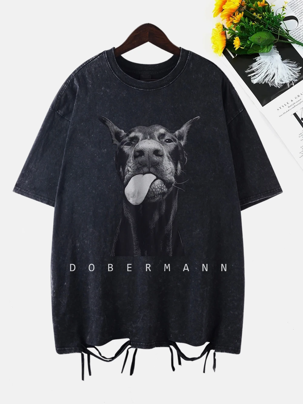 Mode Kreativität Dobermann Drucke Gewaschen T-Shirt Frauen Cottontops Distressed Oansatz Oversize T Shirts Vintage Frau Kleidung Image