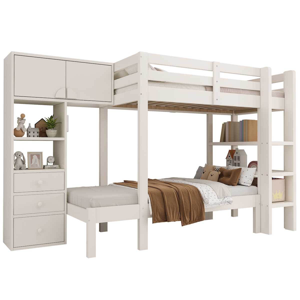 OKWISH Etagenbett mit LED-Nachtlicht Bewegungsmelder, Stauraum Schubladen Schrank Regal, versetztes Design stabil und platzsparend 90 x 200 cm Weiß Image