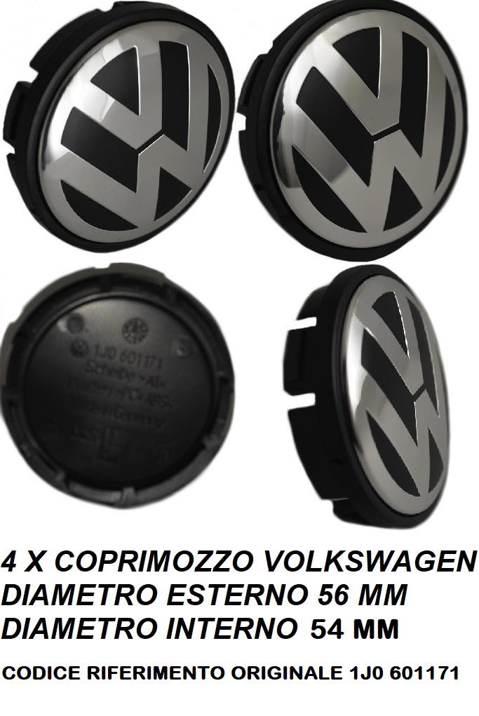 4 Tappi Coprimozzo Volkswagen 56mm VW Golf MK4 Polo 9N 6R Bora Lupo Passat B5 B6 New Beetle Sharan Fox Fregi Borchie Ruota OE 1J0601171