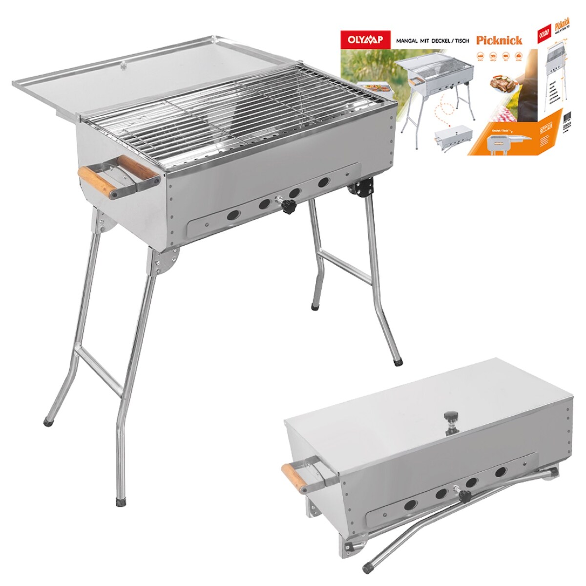 Olymp Handels GmbH Mangal Edelstahl Picknick Schaschlik Grill mit Grillrost und Deckel Image