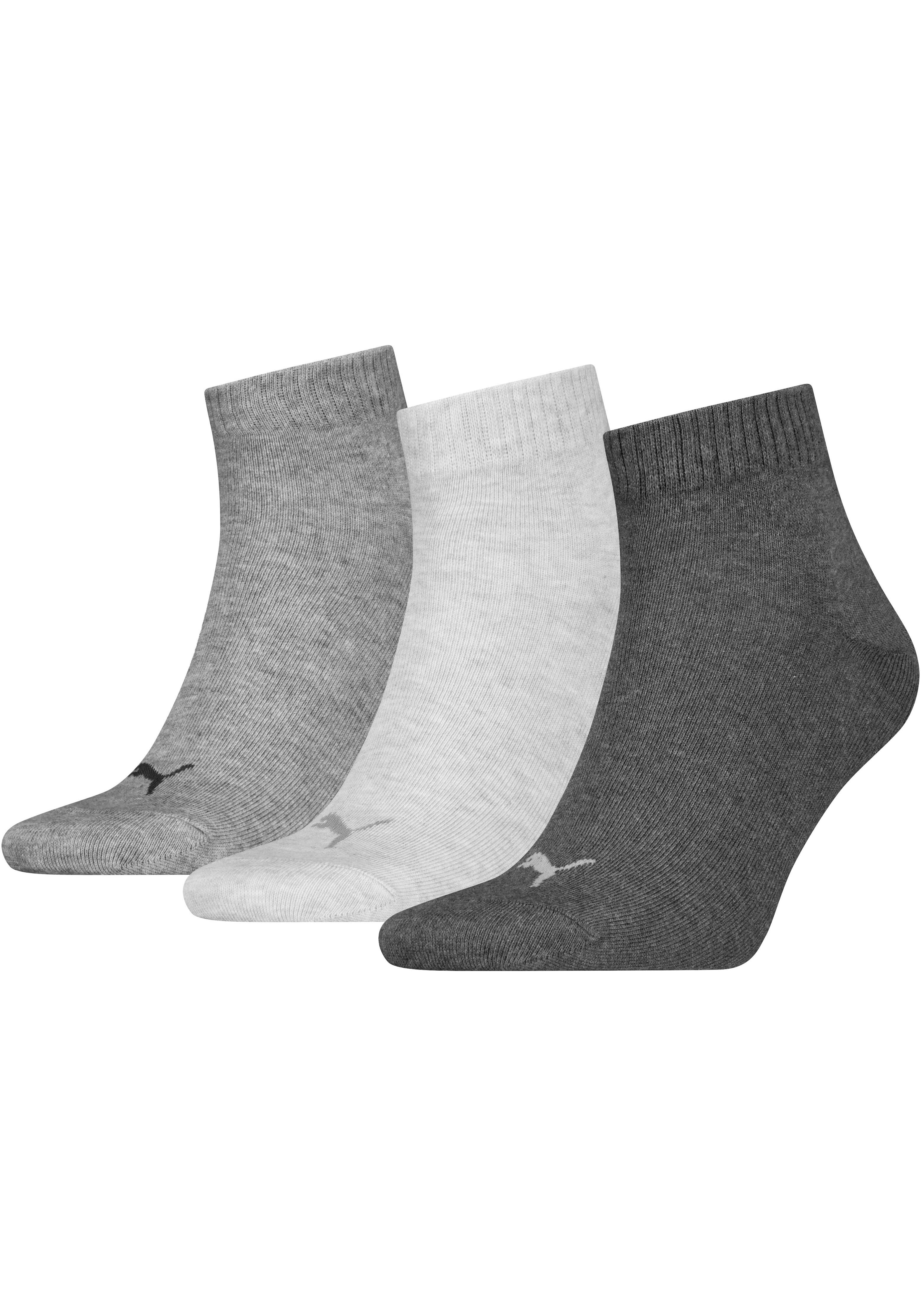 Kurzsocken PUMA "PUMA UNISEX QUARTER PLAIN 3P", Herren, Gr. 39-42, grau (anthraci, l mel grau, m mel grau), Baumwollmischung, elastisch, Socken, Atmungsaktiv, Rippenbündchen, weiche Baumwollmischung