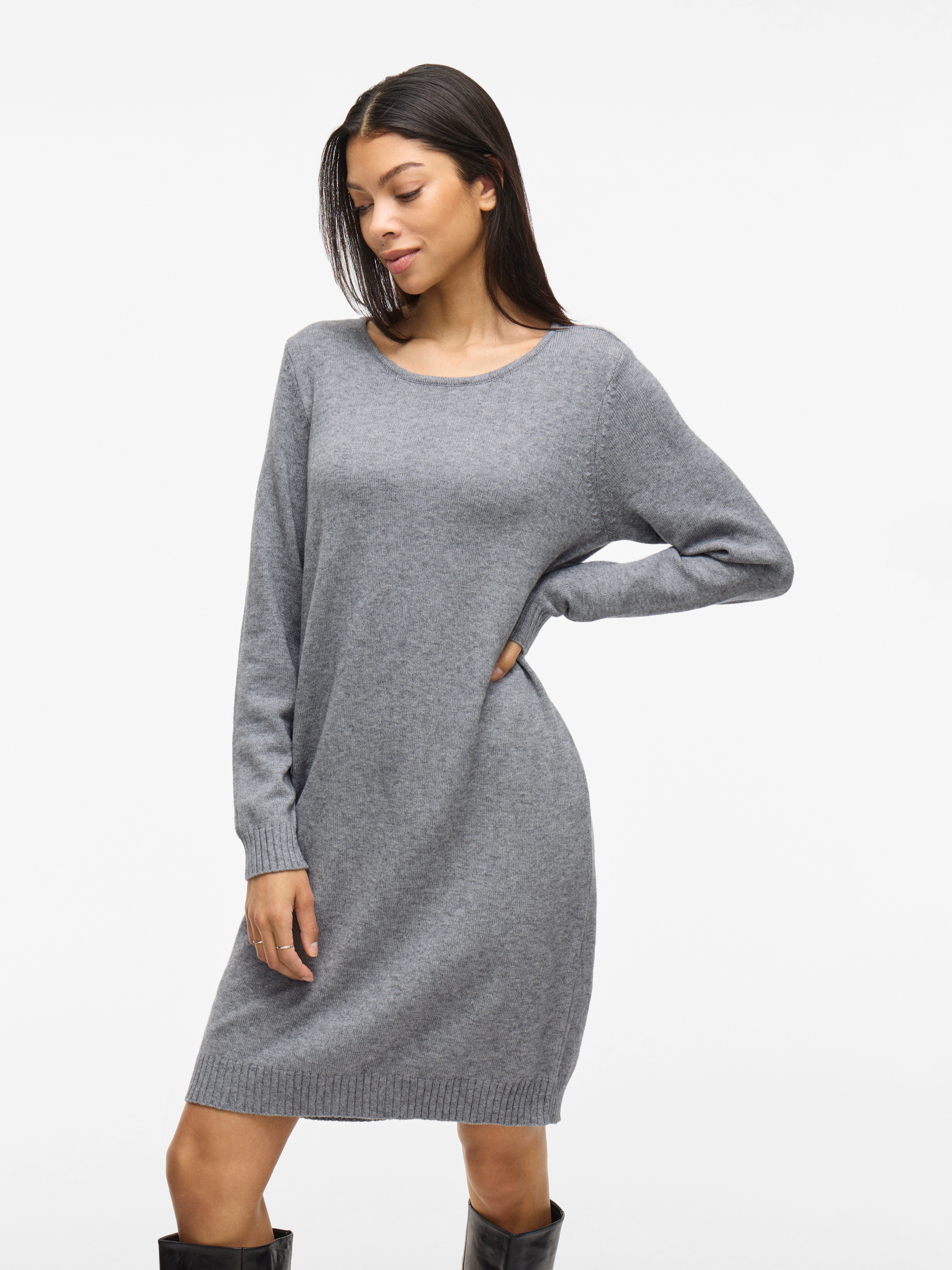 Strickkleid VILA "VIRIL L/S KNIT DRESS - NOOS", Damen, Gr. XS, N-Gr, grau (medium grau melange), Feinstrick, Obermaterial: 50% Viskose, 27% Nylon, 23% Polyester, meliert, regular fit kniefrei, Rundhals, Rippstrickbündchen, Kleider Strickkleid