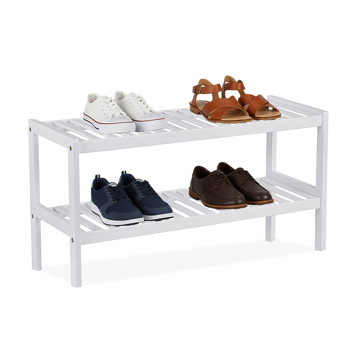 Relaxdays Schuhregal, HxBxT: 33 x 70 x 26 cm, Bambus, 2 Ebenen, für 6 Paar Schuhe, Schuhständer mit Gitterablagen, weiß Image