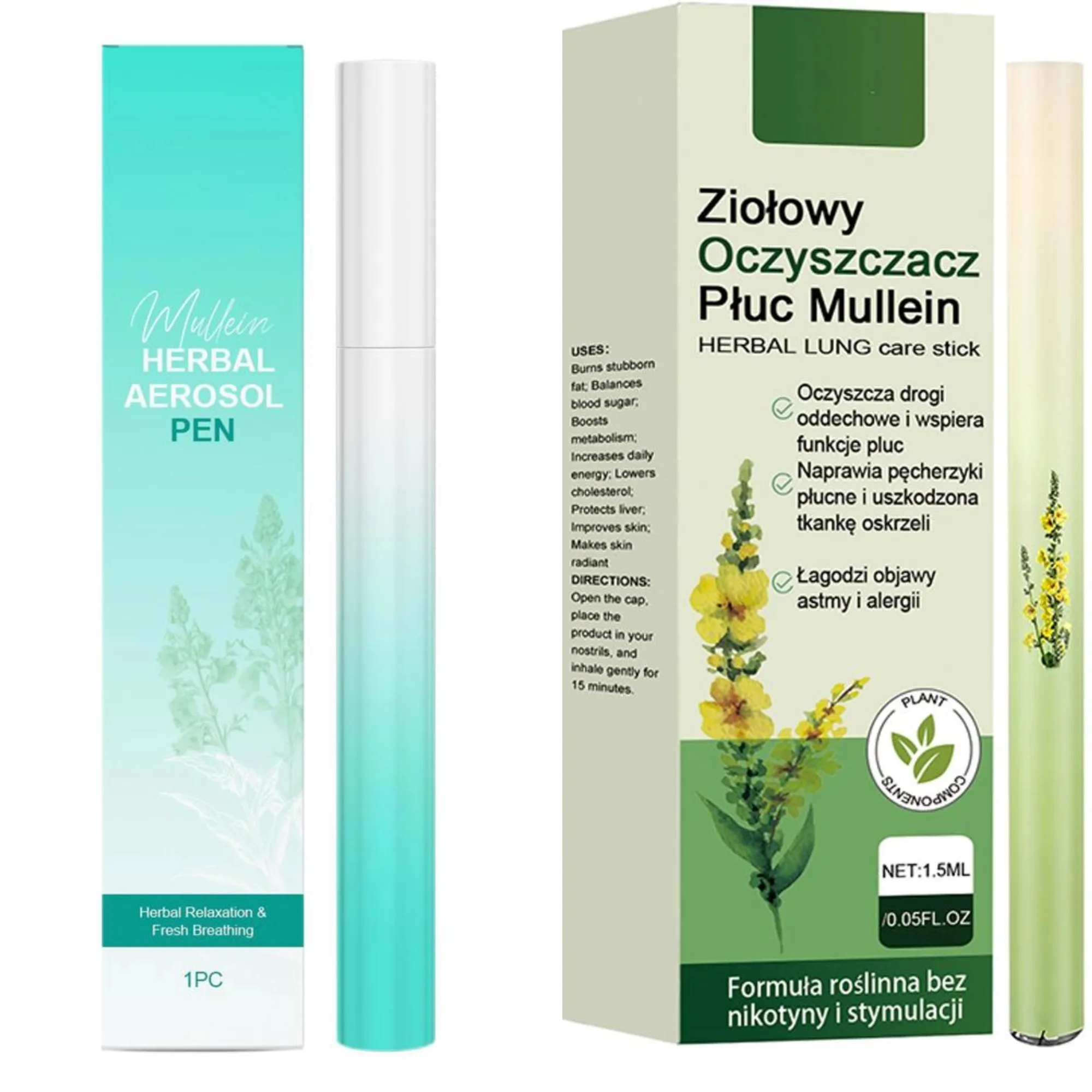 2 Arten Kräuter-Diffusorstift mit Extrakten von Mullein-Minzen, natürlicher Rosmarin zur Lungenreinigung, klare Atmung, Verbesserung, 1/3 Stück Image