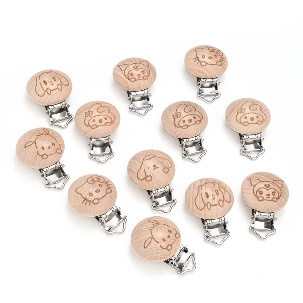 6 Teile/los 30mm Holz Sanrio Muster Schnuller Clip Buche Kautable Zahnen DIY Dummy Clip Kette Baby Beißring Pflege Zubehör Image
