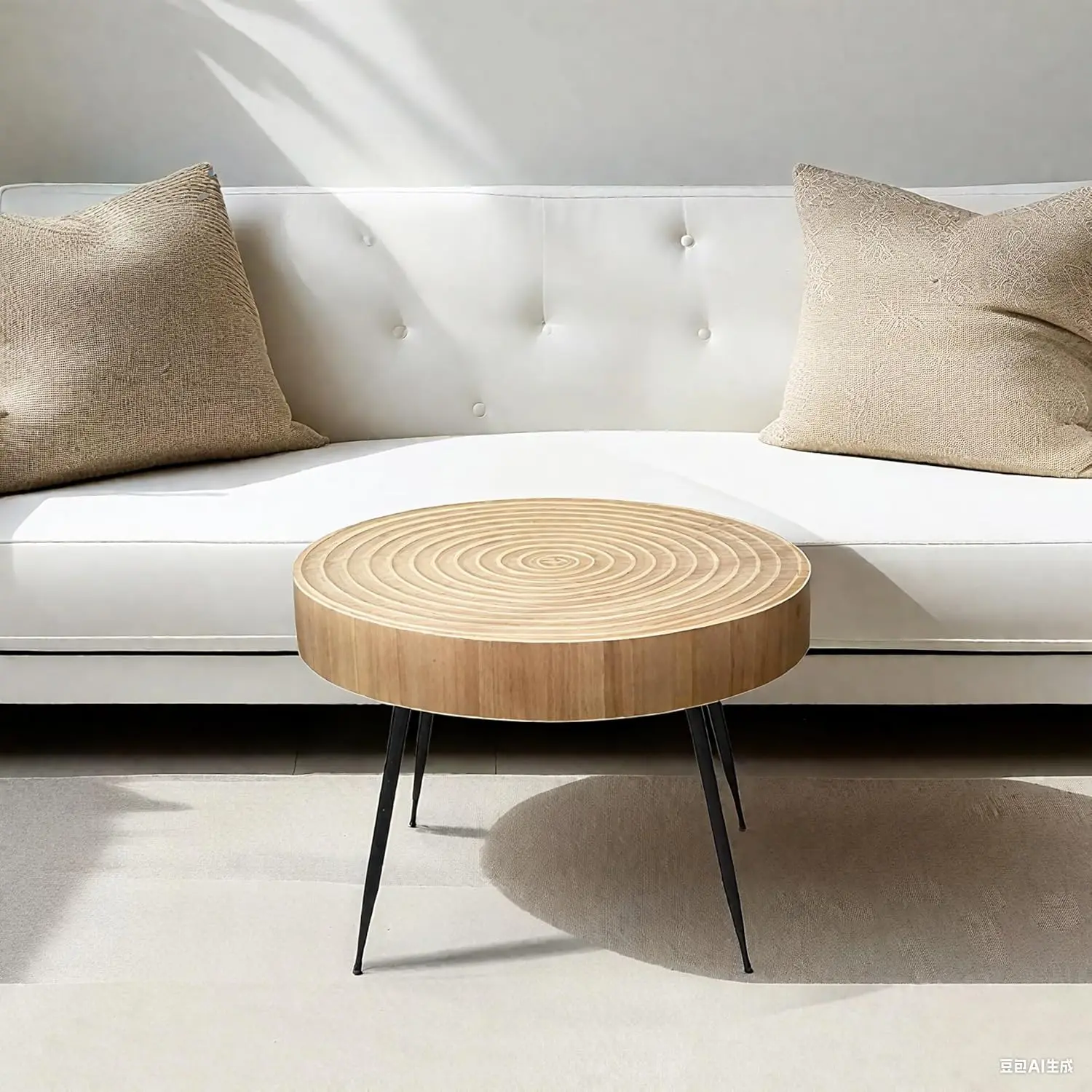 Couchtisch Holz - Beistelltisch Rund Vintage Wohnzimmertisch Brown 60x60cm Groß Coffee Table aus Kiefer 42cm Hoch mit Schwarz Me