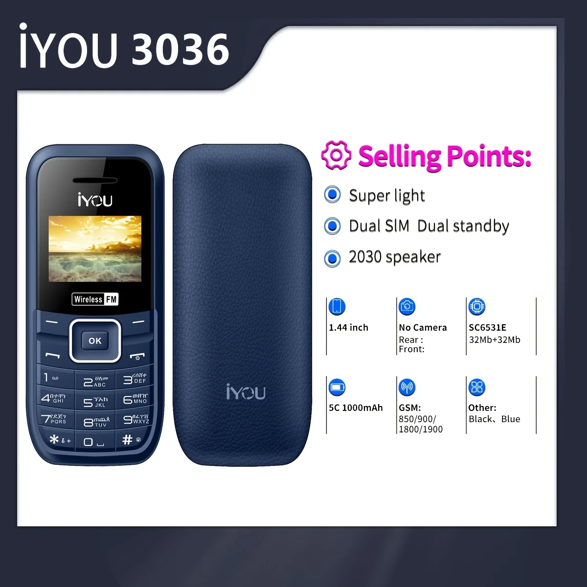 IYOU 3036 verfügt über Telefon, Basistelefon, 1,44 Zoll, kabellos, FM, Dual-Card, Dual-Standby, 1000 mAh Akku, lange Standby-Zeit, einfaches Telefon