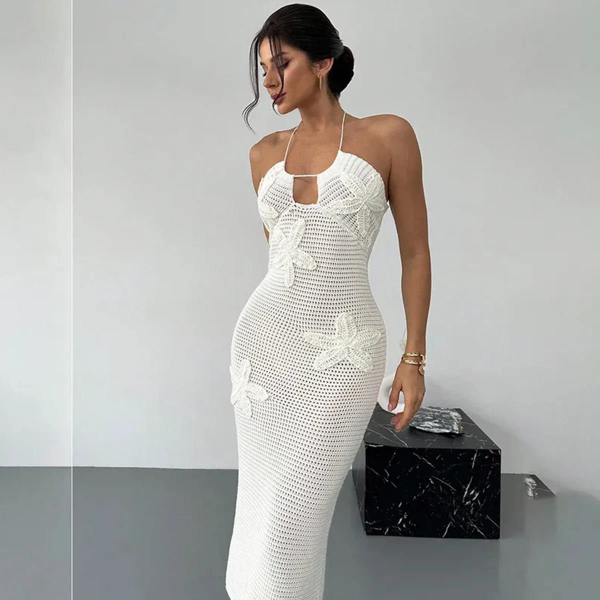 Sexy Slim-Fit-Strickkleid für Damen mit Seestern-Dekoration, Sommerurlaub, Strandüberzug, lässige Urlaubskleidung Image