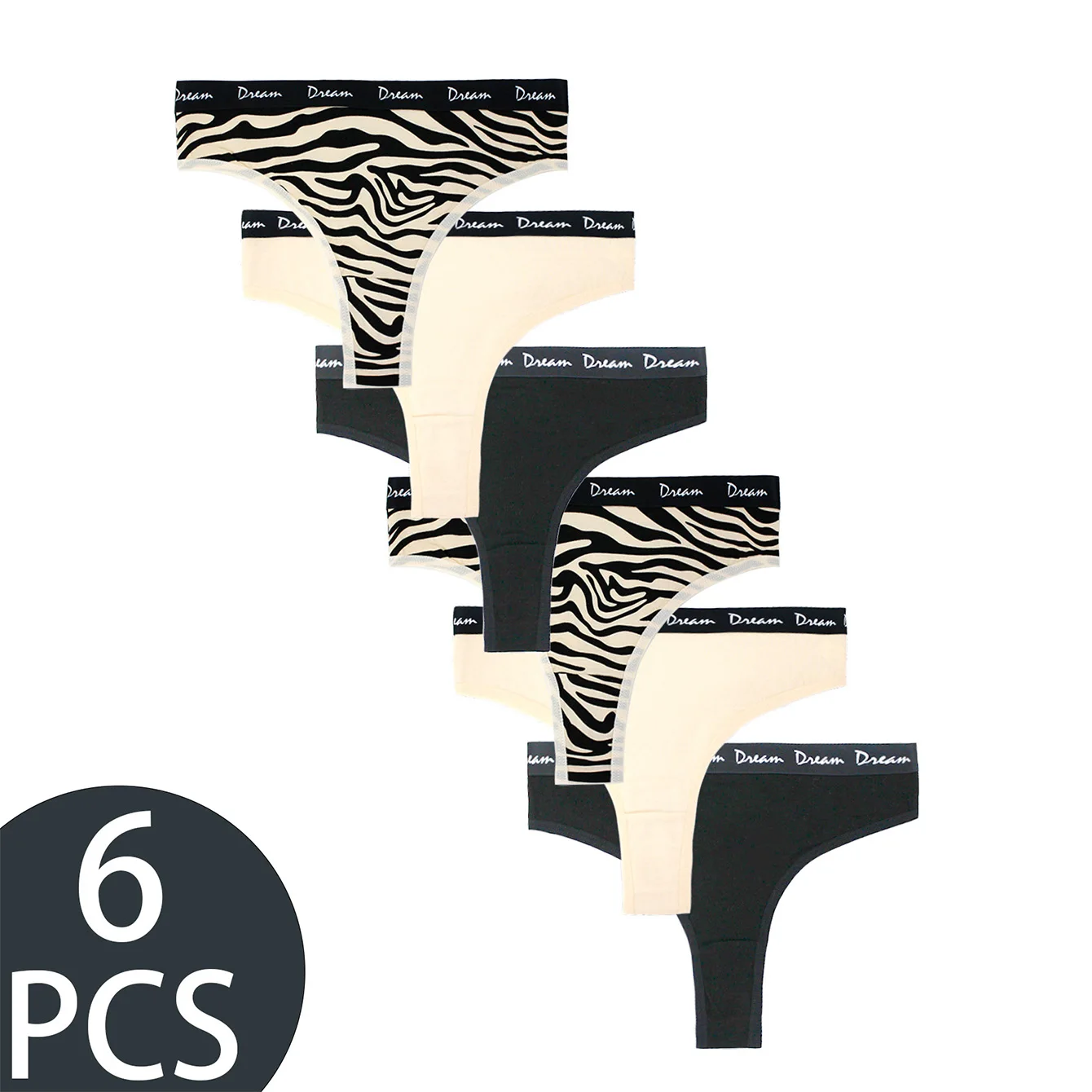 6er-Pack gemischte Farben, sexy breiter Taillengürtel, bequemer Damen-Tanga, Mädchen-Unterwäsche, Leoparden-Zebra-Druck, feminine Slips Image
