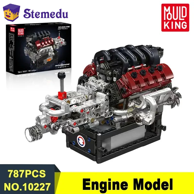 MOULD KING 10227 V8 Motormodellbausatz, 787 Stück, Mini-Bausteine mit funktionierenden Kolben, Getriebe, STEM, mechanisches Spielzeug für Erwachsene Image