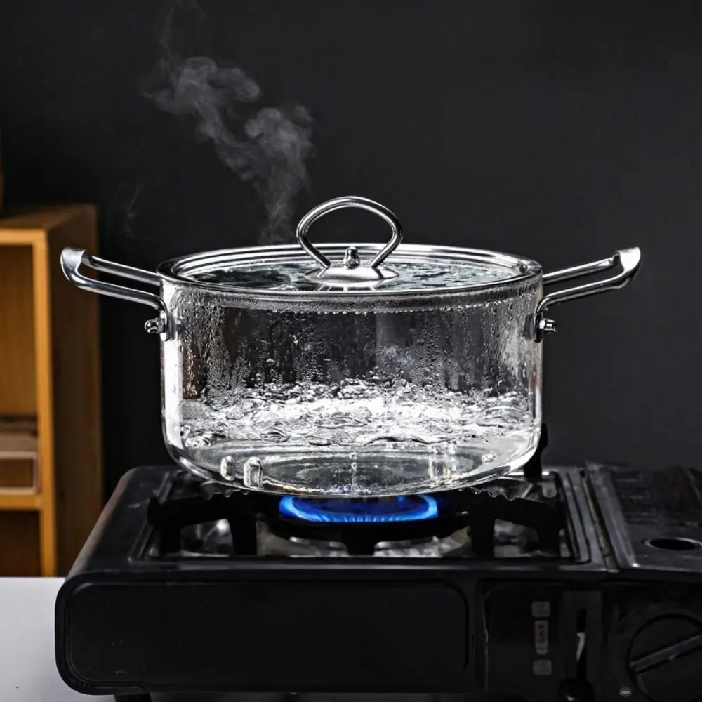 Hitzebeständige, doppelohrige, transparente Suppentopf aus Glas für die Küche, Haushalt, Nudeln mit hohem Borosilikatglas und Edelstahlgriff Image