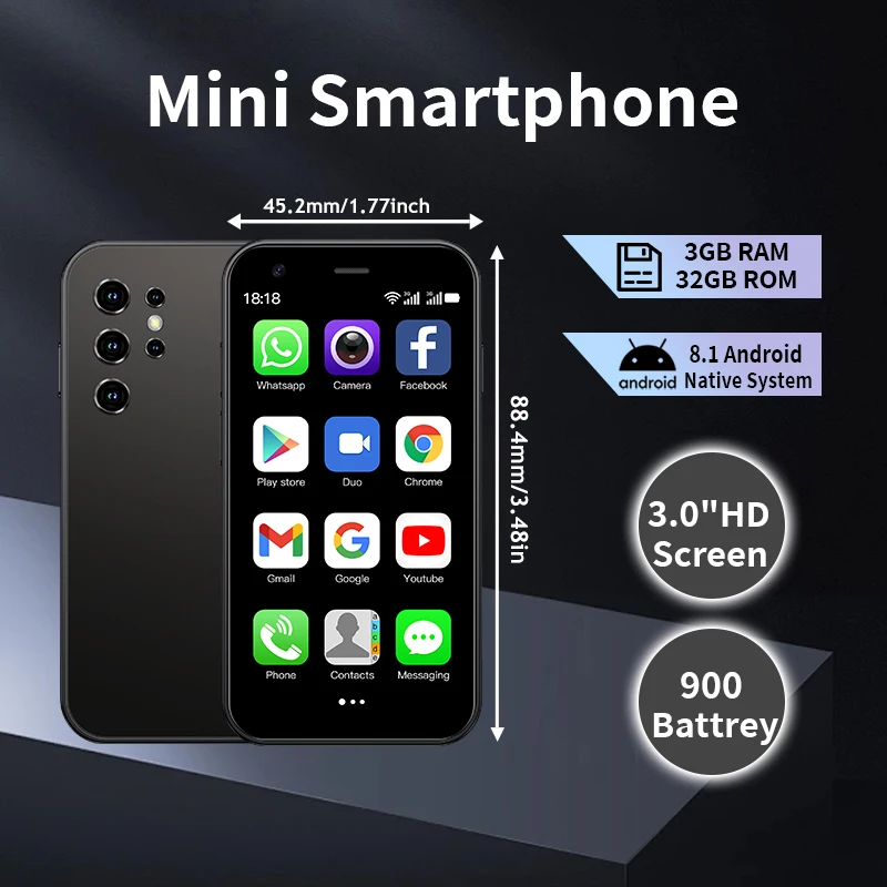 Mini 24 3,0-Zoll-kompaktes Android 8.1-Telefon, 3 + 32 GB Dual-SIM-Telefon, kleines Ersatztelefon, günstiges Telefon für Partys im Freien