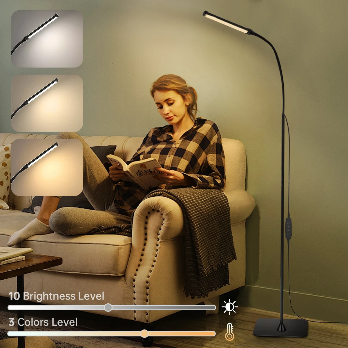 Stehlampe 3-Farben-Modus Licht Warmweiß 360 ° Verstellbare Lichter, flexibler Schwanenhals, dimmbar, für Schlafzimmer, Lesen, Wohnzimmer
