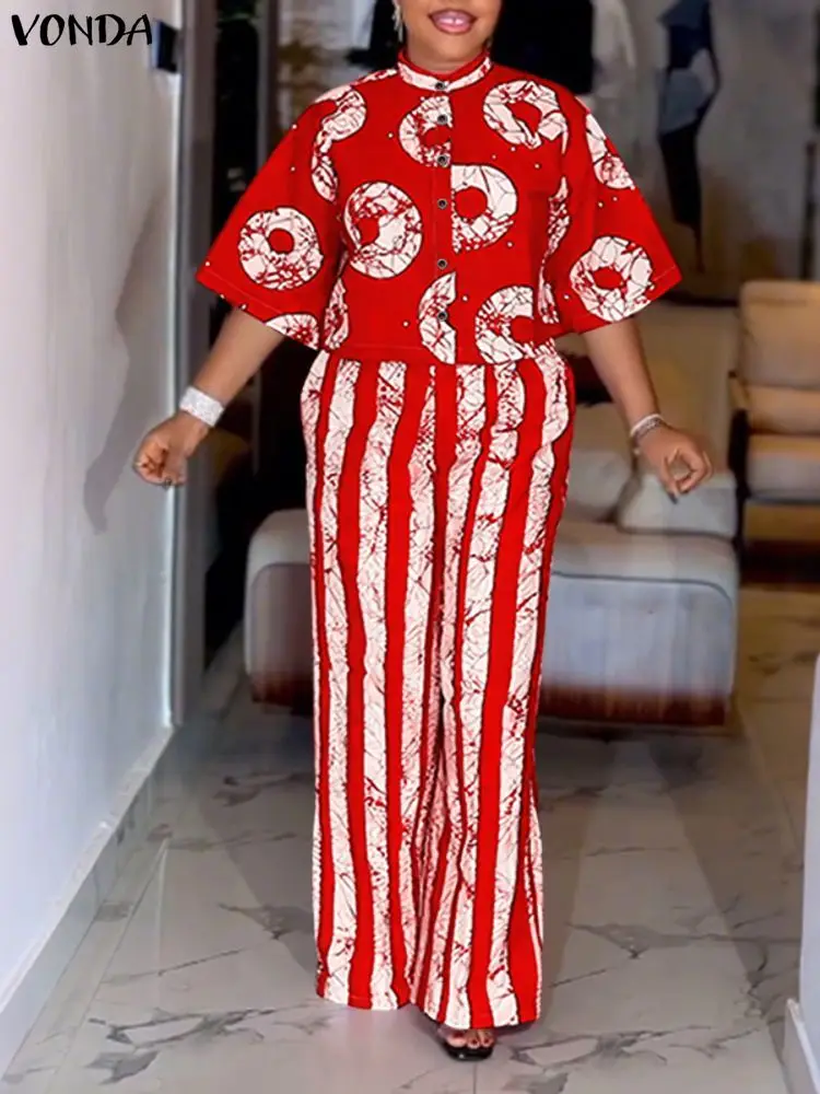 5XL VONDA Plus Größe 2 Stück Outfits Herbst Frauen Böhmischen 3/4 Ärmel Mode Shirts Breite Bein Hosen Drucken Vintage Hose Sets 2PCS
