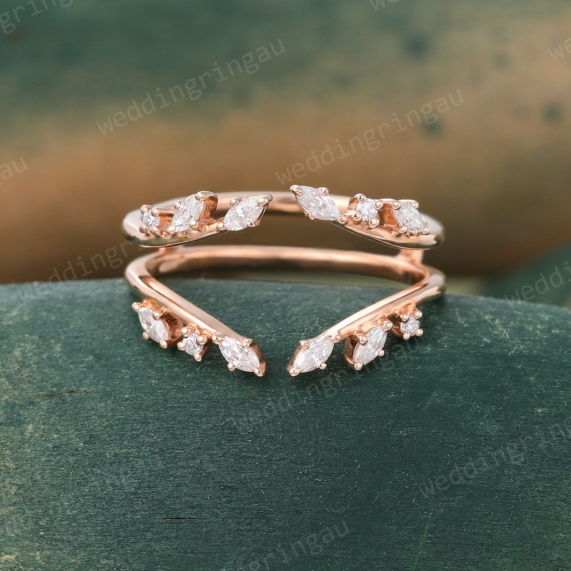 Anello di nozze Enhancer Anello di nozze Moissanite taglio marquise Anello di nozze Oro rosa Doppia fascia Anello a foglia Anello a ramo Cluster Fasci