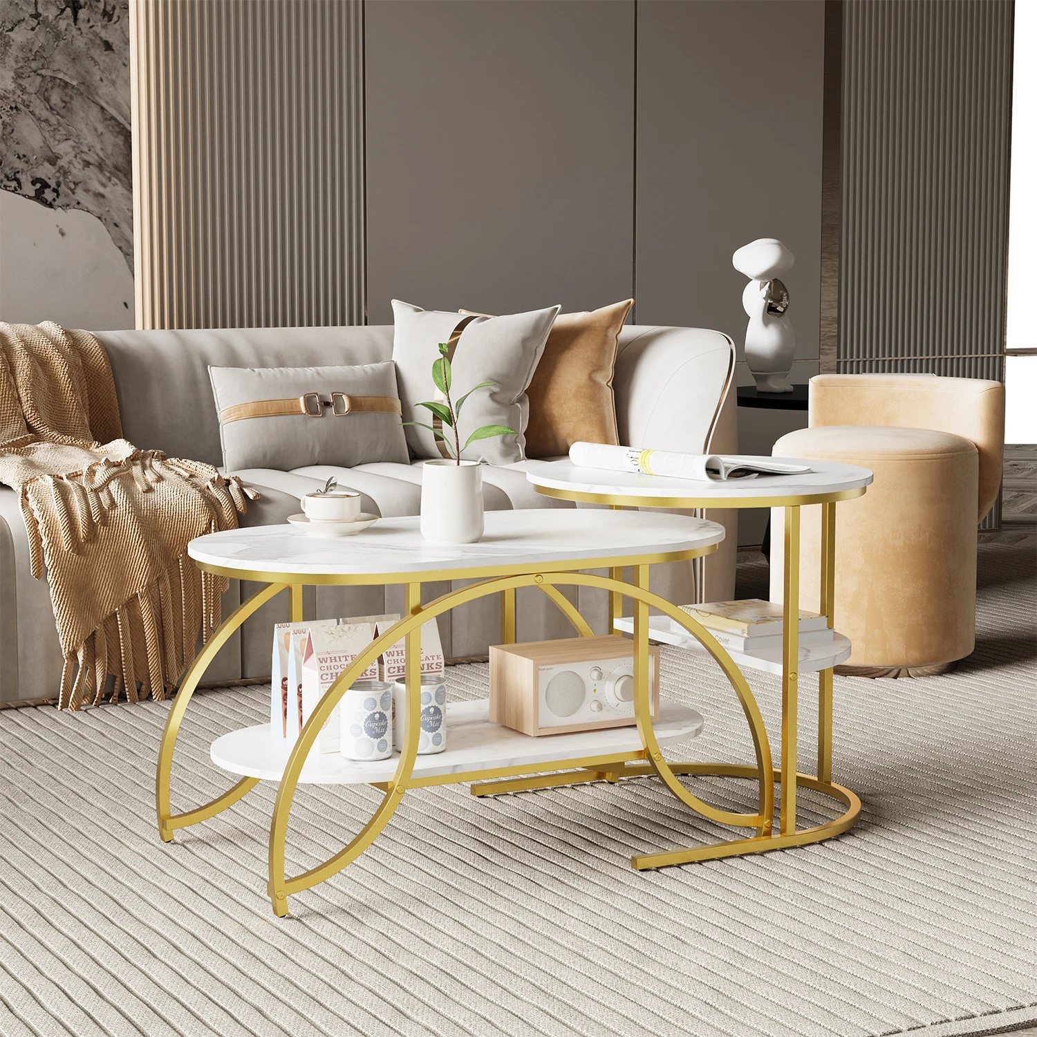 ROSAHQNDA Set di 2 tavolini da caffè moderni Tavolino da divano con ripiani a 2 strati Pannello in MDF e mobili da soggiorno con rack in metallo stabile