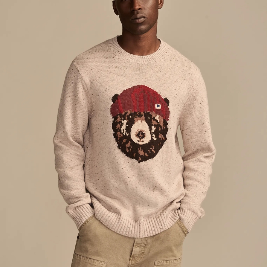 Lucky Brand Crew Neck Bear Intarsia Sweater - Men's Clothing Outerwear Tops Sweatshirts Crewneck Hoodies in Gray Morn, Size 2XL