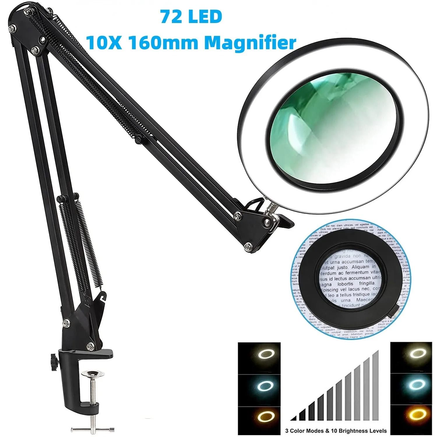 72 LED 8X 10X Illuminated USB Magnifier With 3 Color LED Light short Version Black