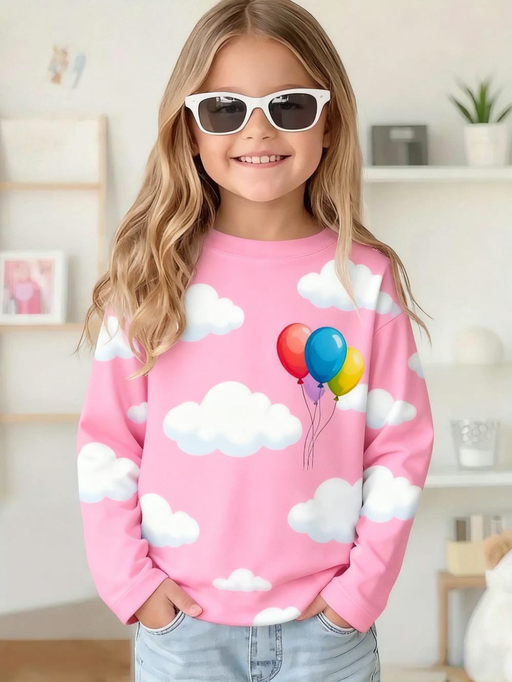 Cute Pink Clouds 3D Print Kids T Shirt, Girls Long Sleeve Top, Casual Comfort Childrens Clothing For Autumn Outdoors cxs002dr 160