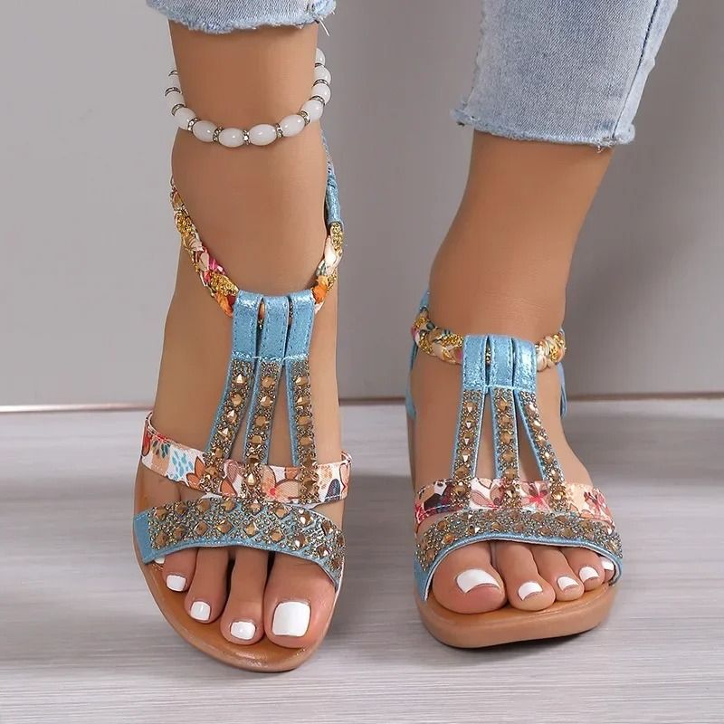 Womens Summer Wedge Sandals With Rhinestone Detail Platform Peep Toe Design For Beach And Casual Wear us 7.5 light Blue