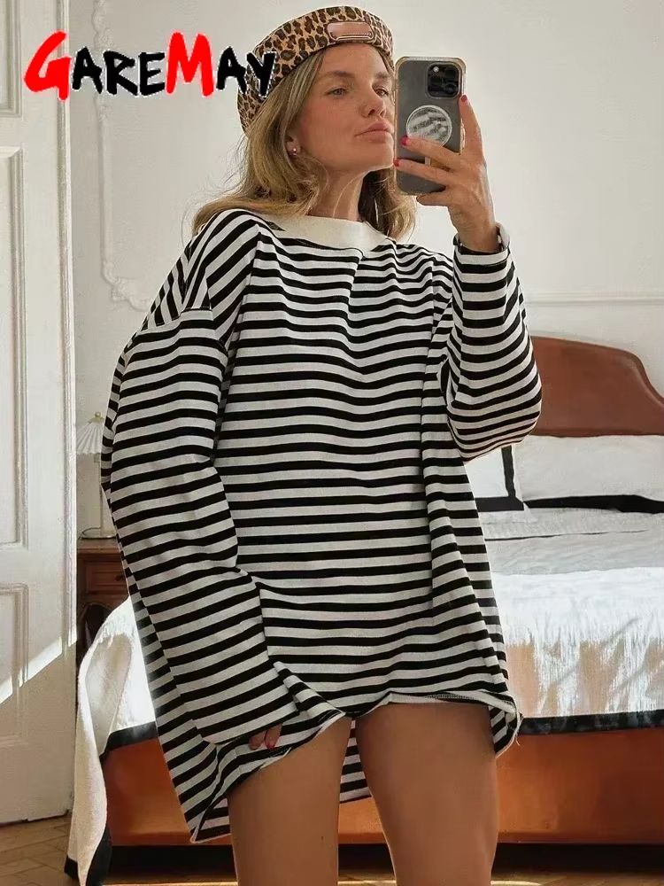 Women's Oversized Striped T Shirt 95% Cotton Long Sleeve Vintage Casual Top red m (us 68)