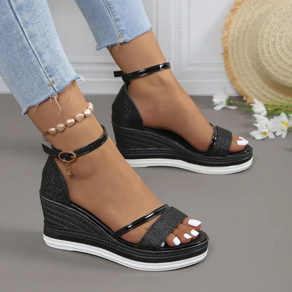 Women Casual Platform Wedge Sandals High Heels Summer Comfort us 7 black