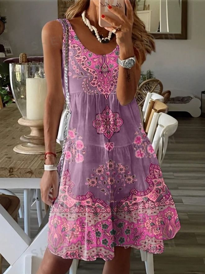 Plus Size Printed Pleated Sleeveless V Neck Summer Dress xl purple