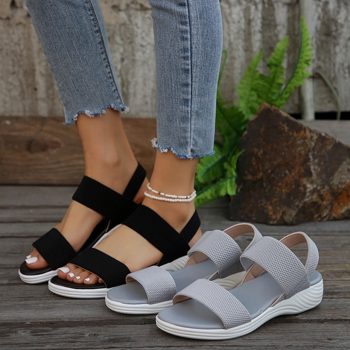 Women Knit Elastic Cloth Wedge Sandals Slip On Lightweight Walking Sandals us 7 gray 3