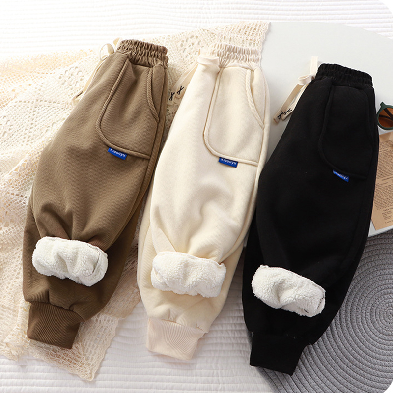 Winter Sweatpants For Boys & Girls, Thick Casual Pants, Loose Sports Trousers With Baby Pockets, Student Warm Kids Pants beige 4t