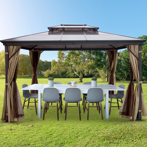 10x10 Hardtop Gazebo With Mosquito Netting, Aluminum Permanent Double Tier Roof Gazebo For Patio, Backyard & Outdoor Use 10x10 Hardtop Gazebo With Mosquito Netting, Aluminum Permanent Double Tier Roof Gazebo For Patio, Backyard & Outdoor Use