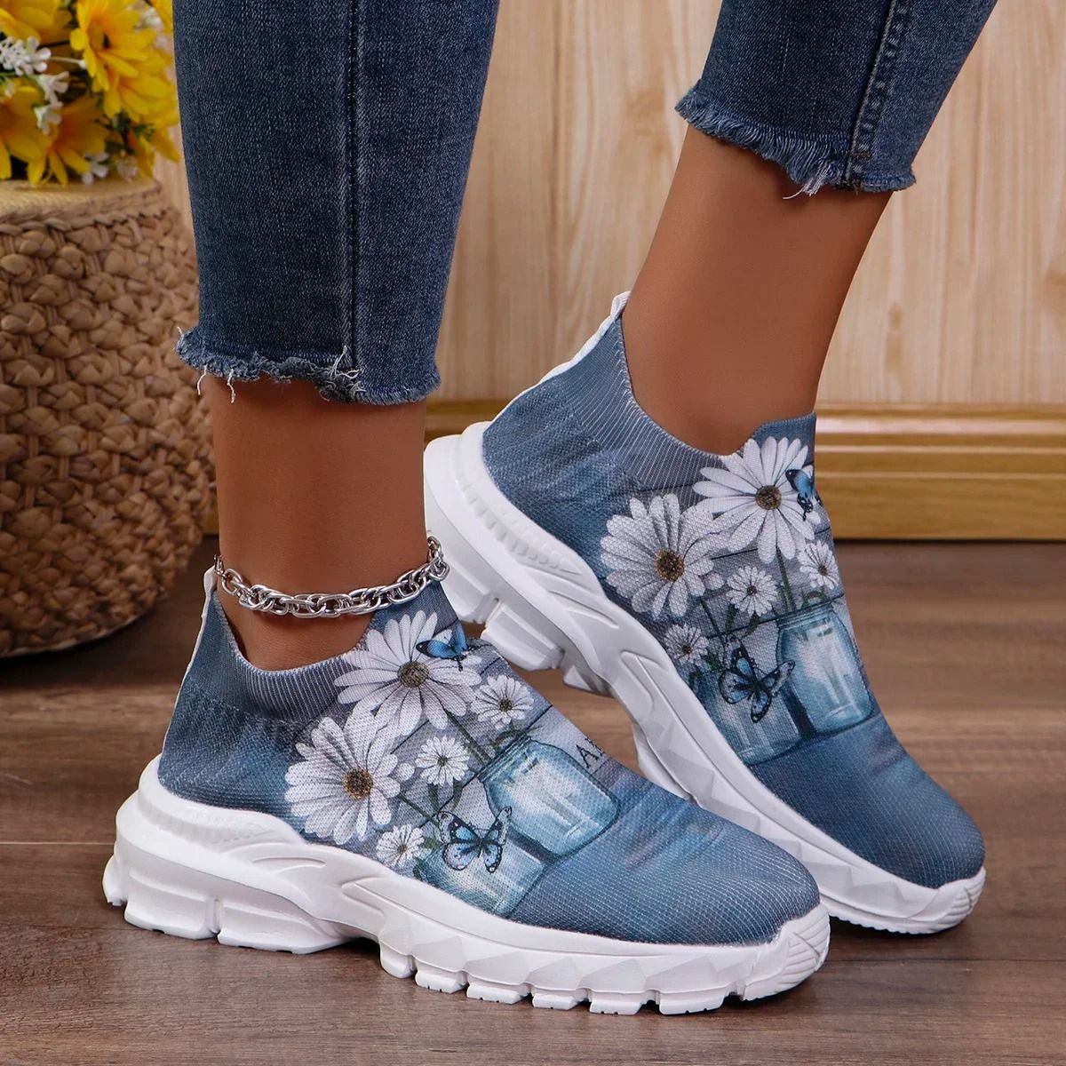 Floral Print Platform Sneakers Women Breathable Non Slip Running Shoes 5.5 orange
