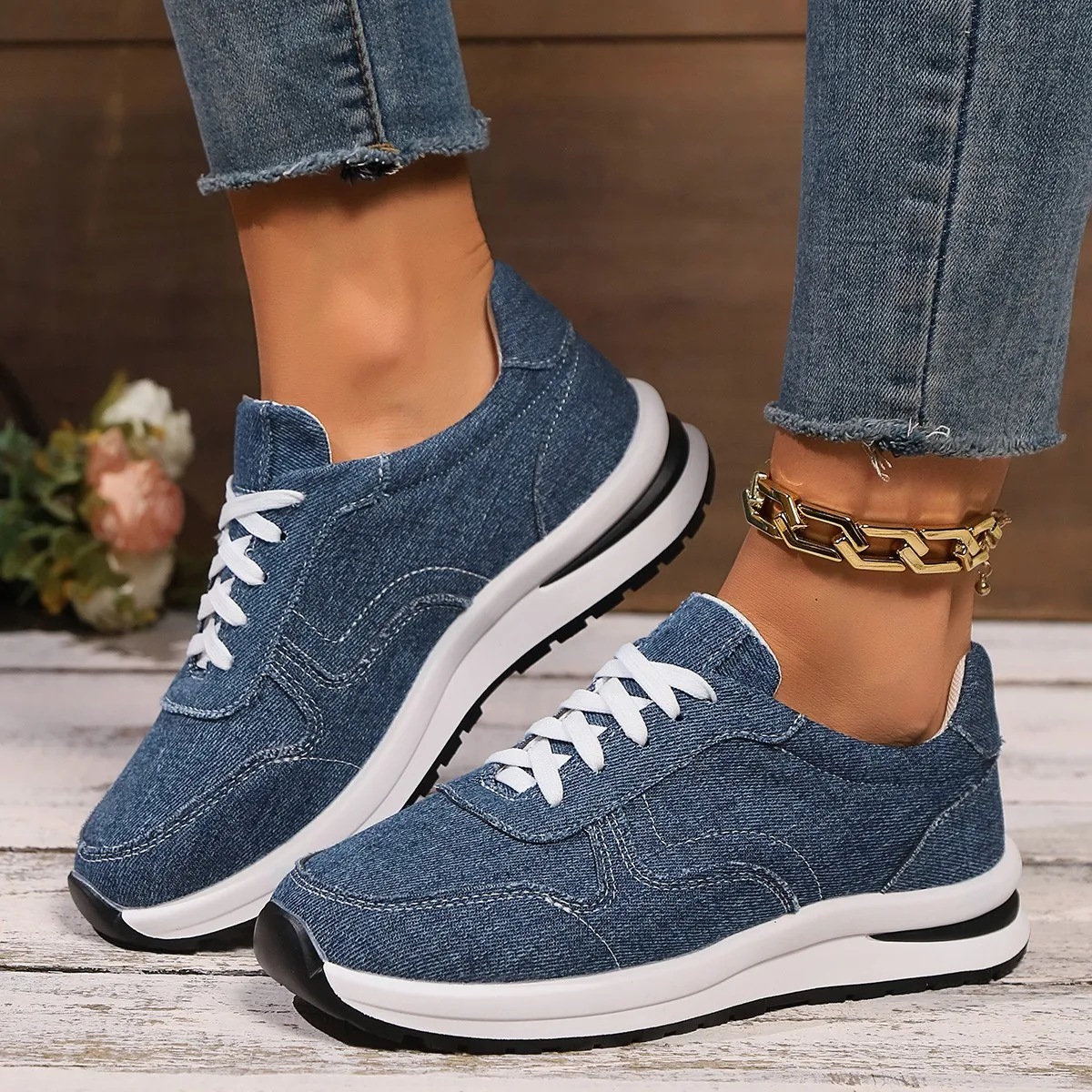 Womens Blue Denim Thick Sole Sneakers, Fashion Lace Up Platform Casual Sports blue 39