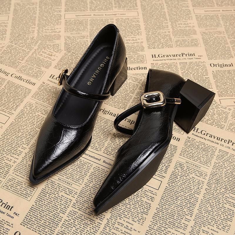 Womens Spring Style Pointed Toe Square Heel Single Shoes, Professional Medium Heel Buckle Dress High Heels, Versatile black 35